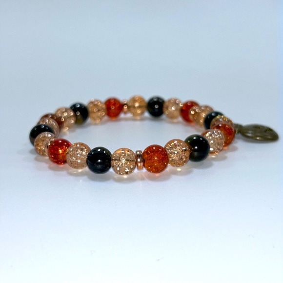 Handmade Halloween Pumpkin Charm Bracelet with Natural Tiger Eye Stones! - Picture 7 of 9